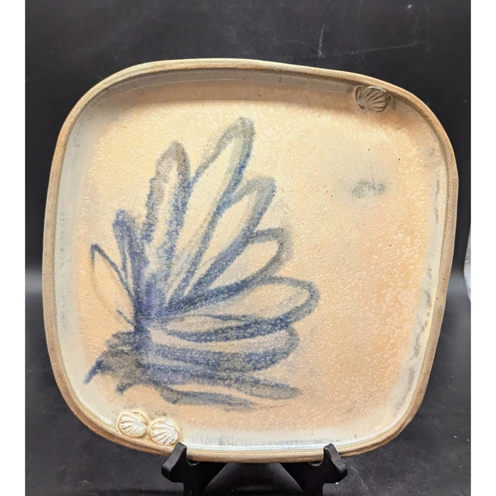 Vintage Studio Art Pottery Square Grey Tray Platter‎ Plate Floral Flower Signed